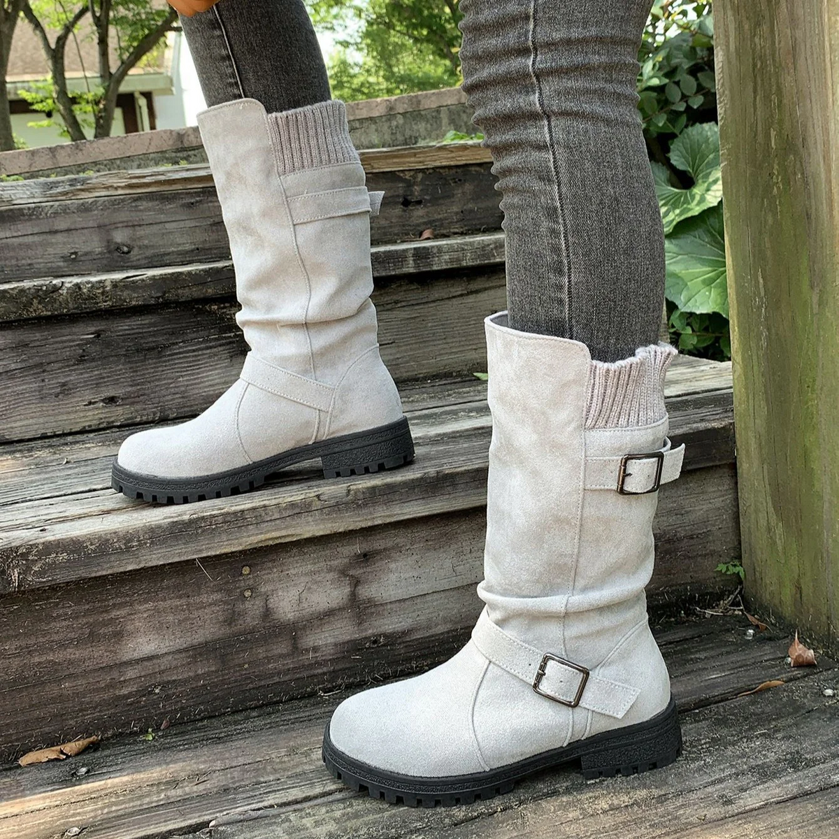Women’s RanchWrap Buckle Mid-Calf Suede Boots – Knit Cuff Western-Style Slouchy Shoes