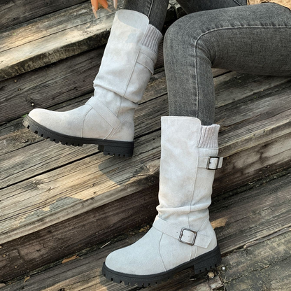 Women’s RanchWrap Buckle Mid-Calf Suede Boots – Knit Cuff Western-Style Slouchy Shoes