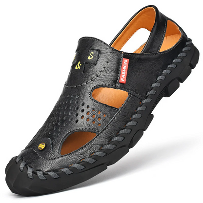 Flow Men’s Genuine Leather Summer Clogs – Breathable Closed-Toe Soft Sole Casual Beach Sandals