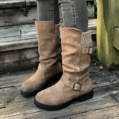 Women’s RanchWrap Buckle Mid-Calf Suede Boots – Knit Cuff Western-Style Slouchy Shoes