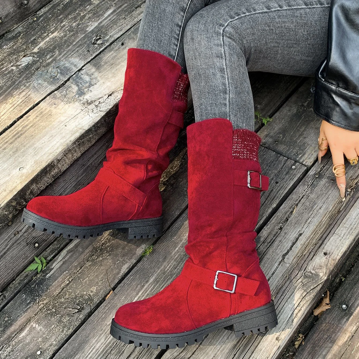 Women’s RanchWrap Buckle Mid-Calf Suede Boots – Knit Cuff Western-Style Slouchy Shoes