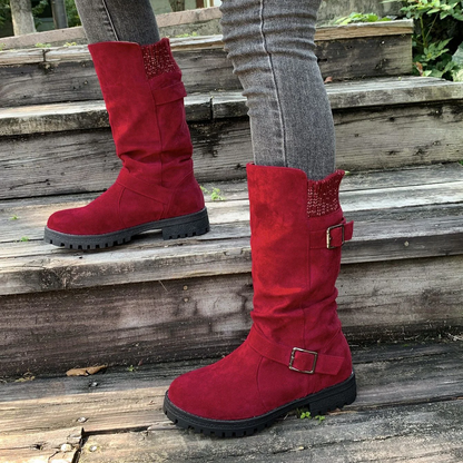 Women’s RanchWrap Buckle Mid-Calf Suede Boots – Knit Cuff Western-Style Slouchy Shoes