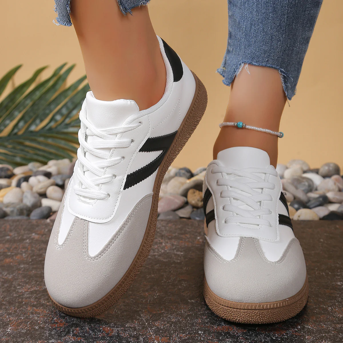Women’s Everyday Court Color-Block Trainer Sneakers – Soft-Sole Flat Shoes