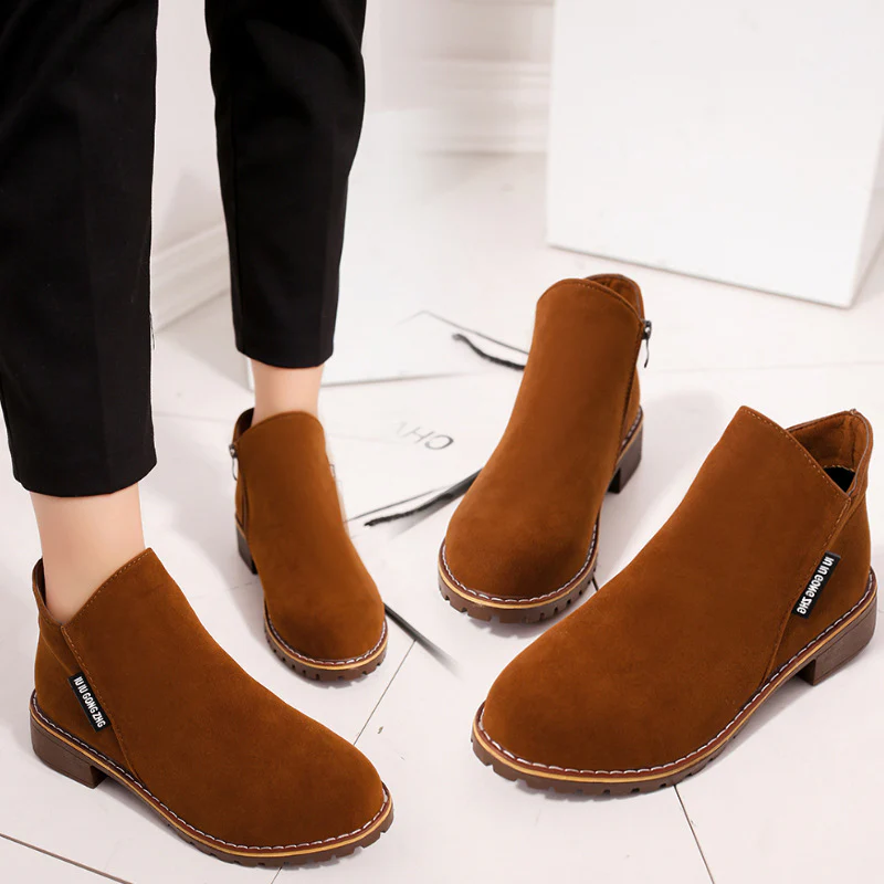 Women's Suede Chelsea Ankle Boots - Side Zip Low Heel Martin Boots
