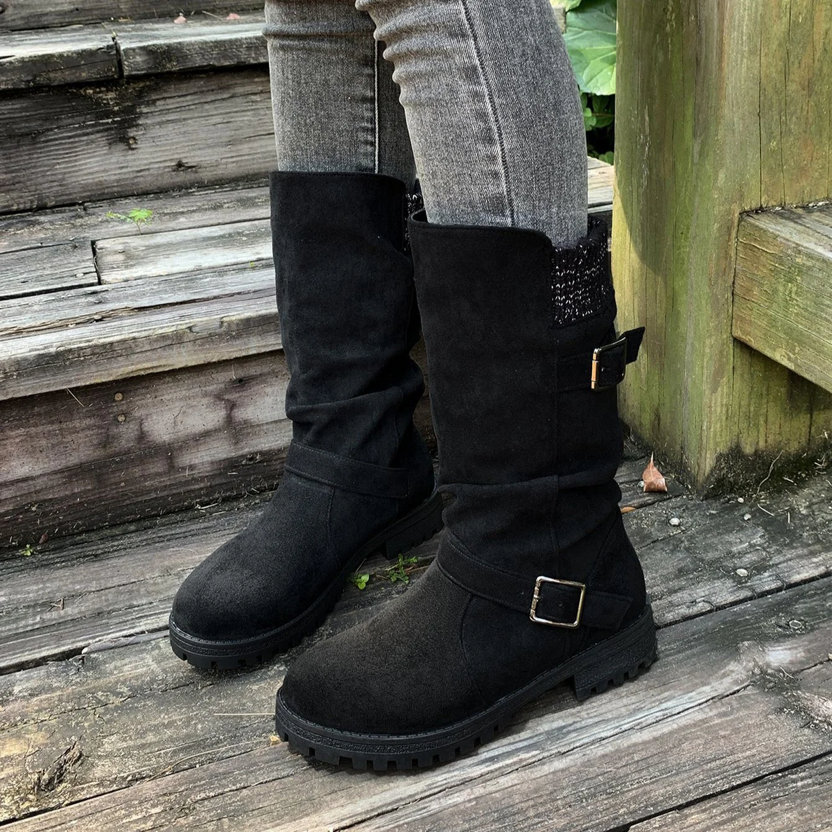 Women’s RanchWrap Buckle Mid-Calf Suede Boots – Knit Cuff Western-Style Slouchy Shoes