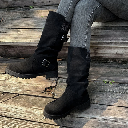 Women’s RanchWrap Buckle Mid-Calf Suede Boots – Knit Cuff Western-Style Slouchy Shoes