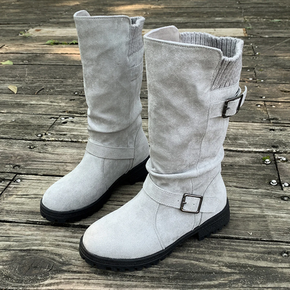 Women’s RanchWrap Buckle Mid-Calf Suede Boots – Knit Cuff Western-Style Slouchy Shoes