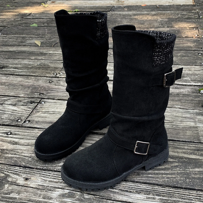 Women’s RanchWrap Buckle Mid-Calf Suede Boots – Knit Cuff Western-Style Slouchy Shoes