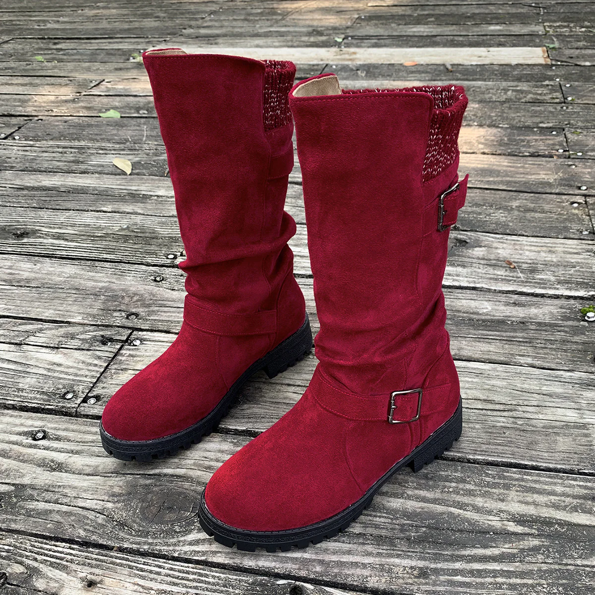 Women’s RanchWrap Buckle Mid-Calf Suede Boots – Knit Cuff Western-Style Slouchy Shoes
